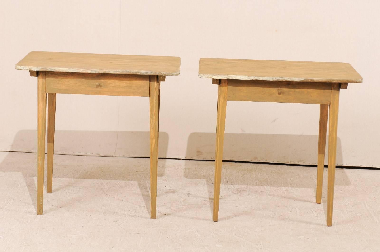 20th Century Pair of Swedish Beige Tinted Single Drawer Side Tables with Tapered Legs