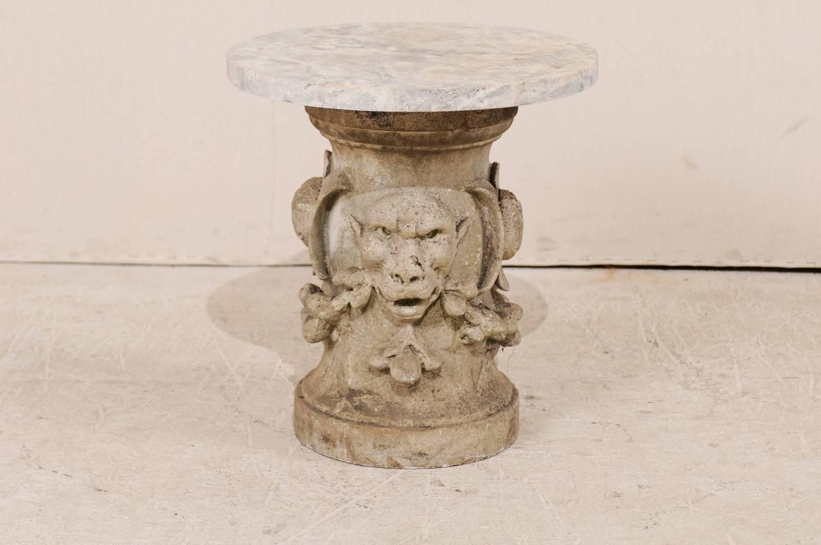 French 19th Century Carved Gargoyle Limestone Garden Table with Marble Top In Good Condition In Atlanta, GA