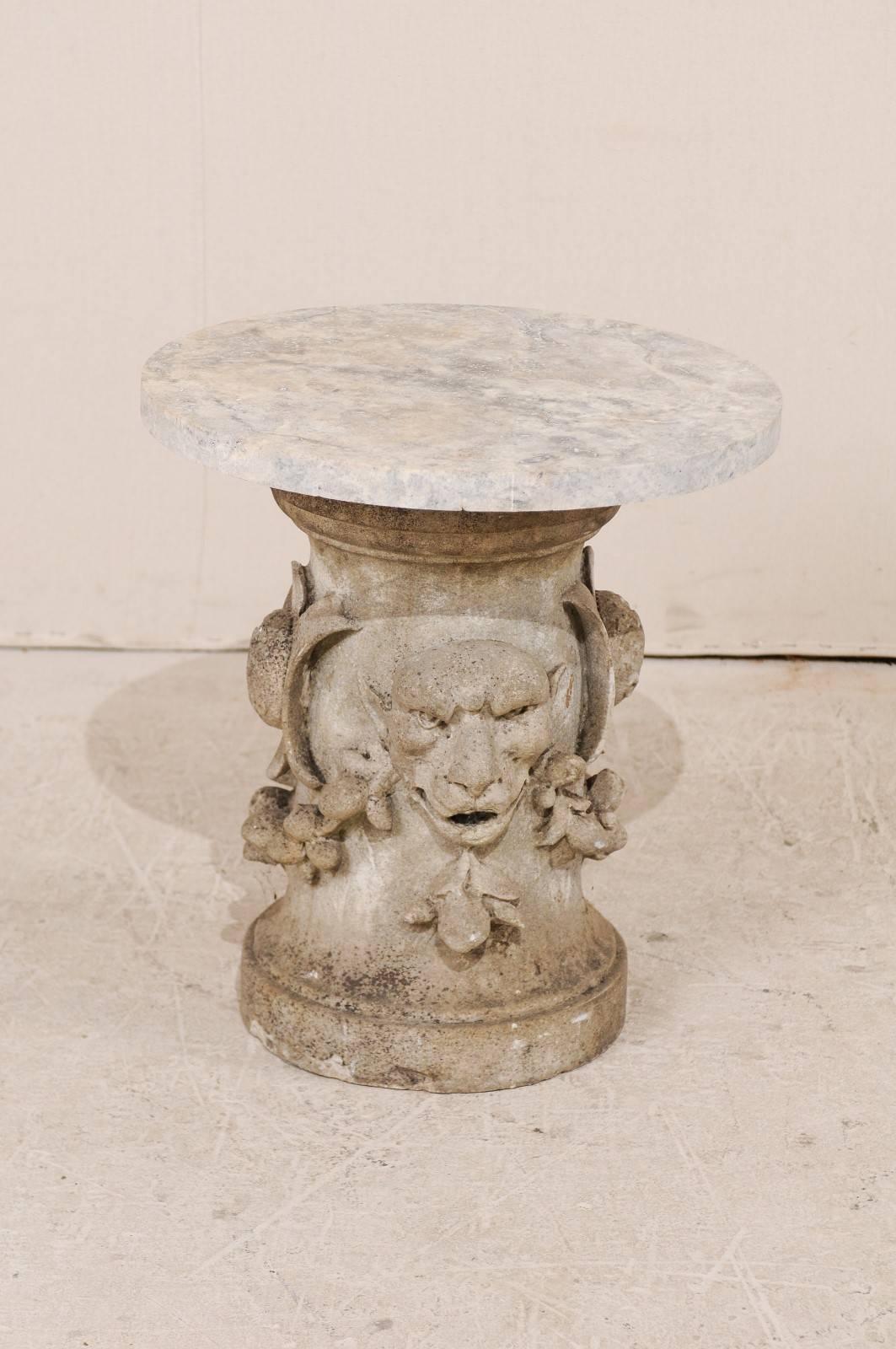 French 19th Century Carved Gargoyle Limestone Garden Table with Marble Top 1