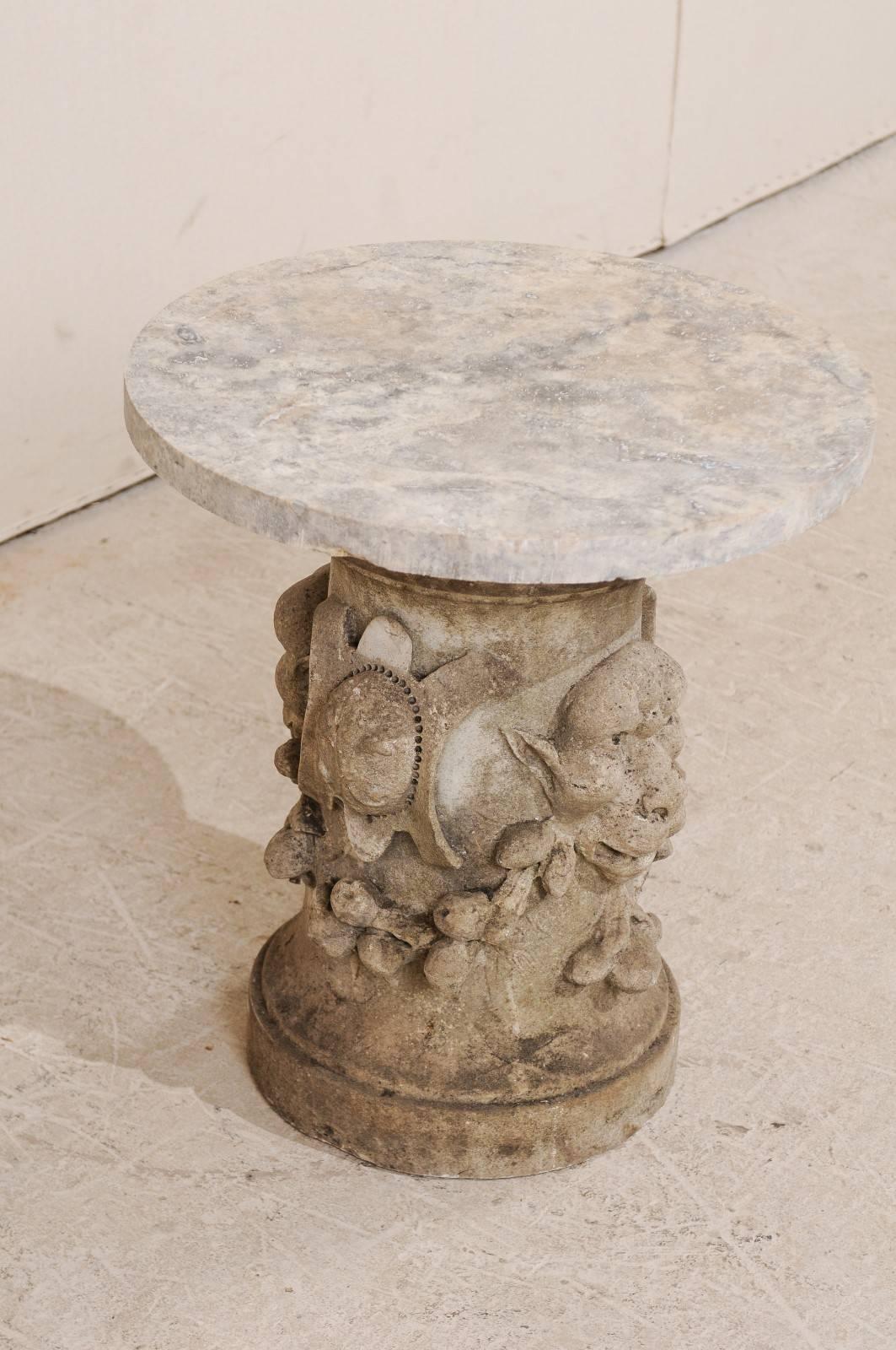 French 19th Century Carved Gargoyle Limestone Garden Table with Marble Top 3