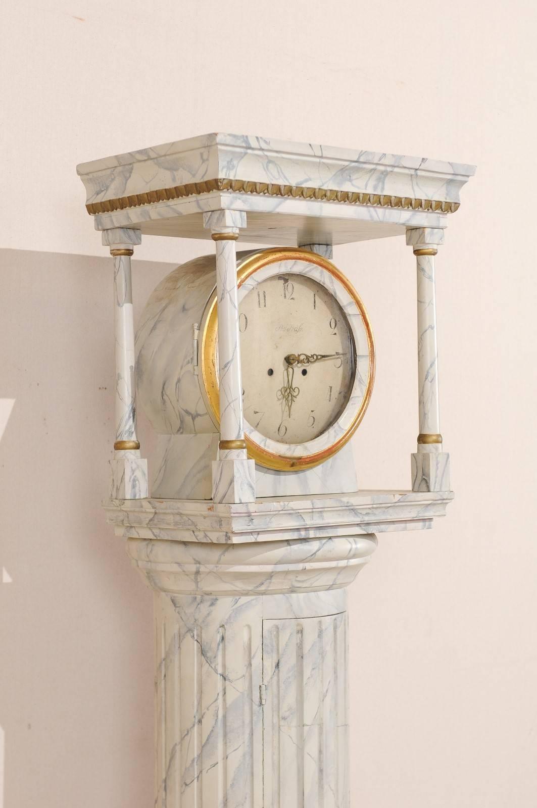 Wood Swedish 19th C. Floor Clock w/Column Body, Faux Marbling & Architectural Bonnet For Sale
