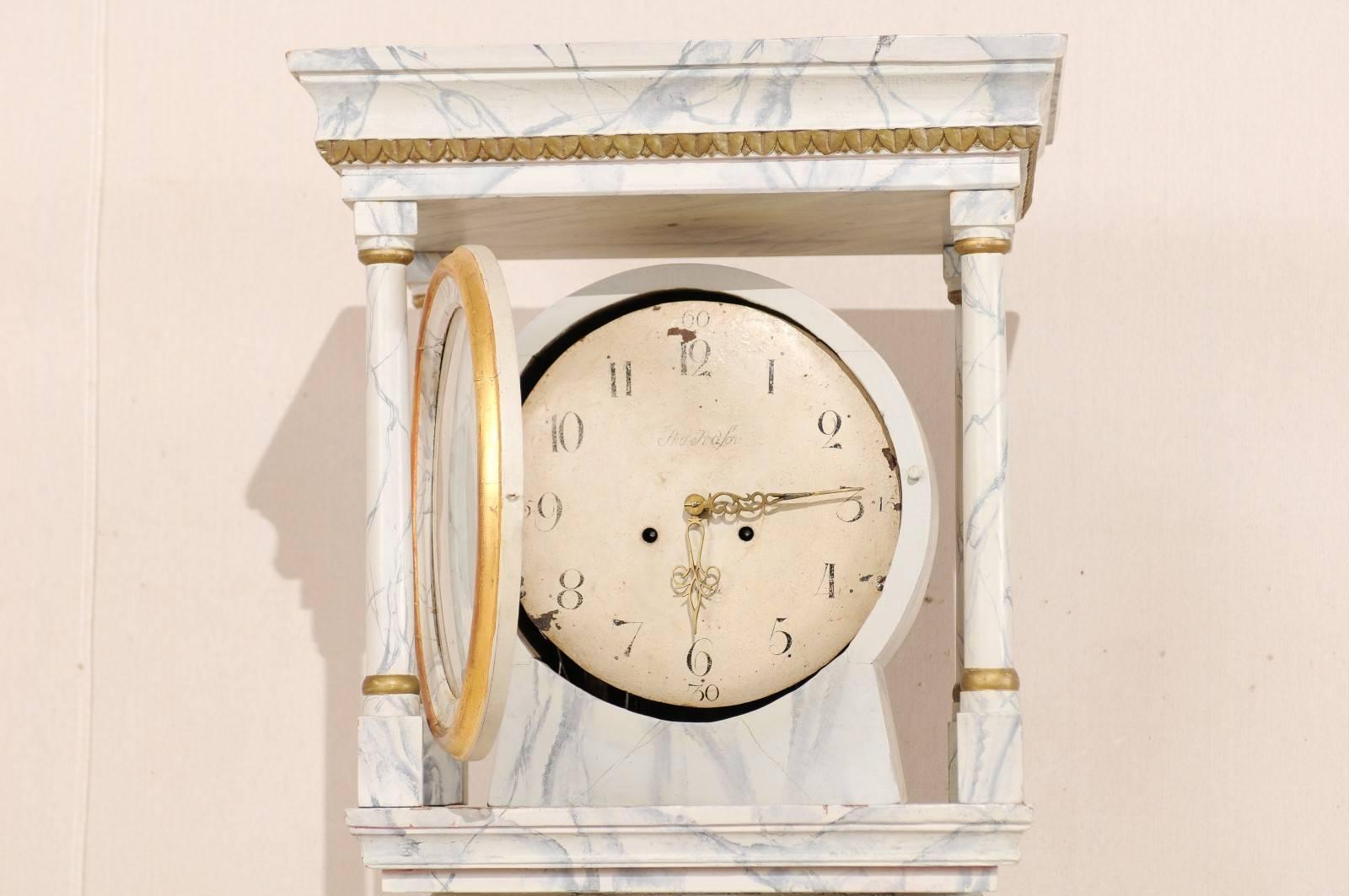 Swedish 19th C. Floor Clock w/Column Body, Faux Marbling & Architectural Bonnet For Sale 3