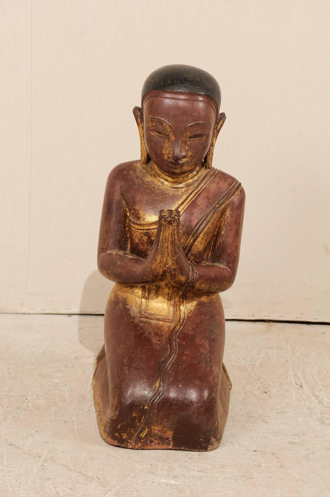 Lacquered 19th Century Buddha Figure in Prayer Hand-Carved from Sandstone