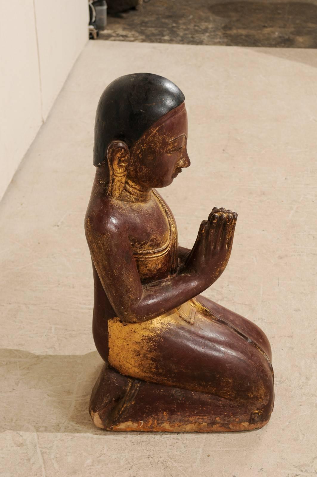 19th Century Buddha Figure in Prayer Hand-Carved from Sandstone In Good Condition In Atlanta, GA
