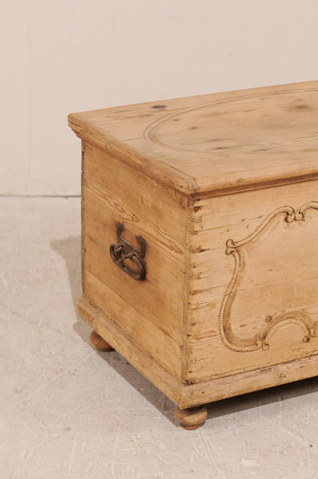 Carved 19th Century Pine Wood Coffer or Trunk with Shield-Like Carvings on the Front