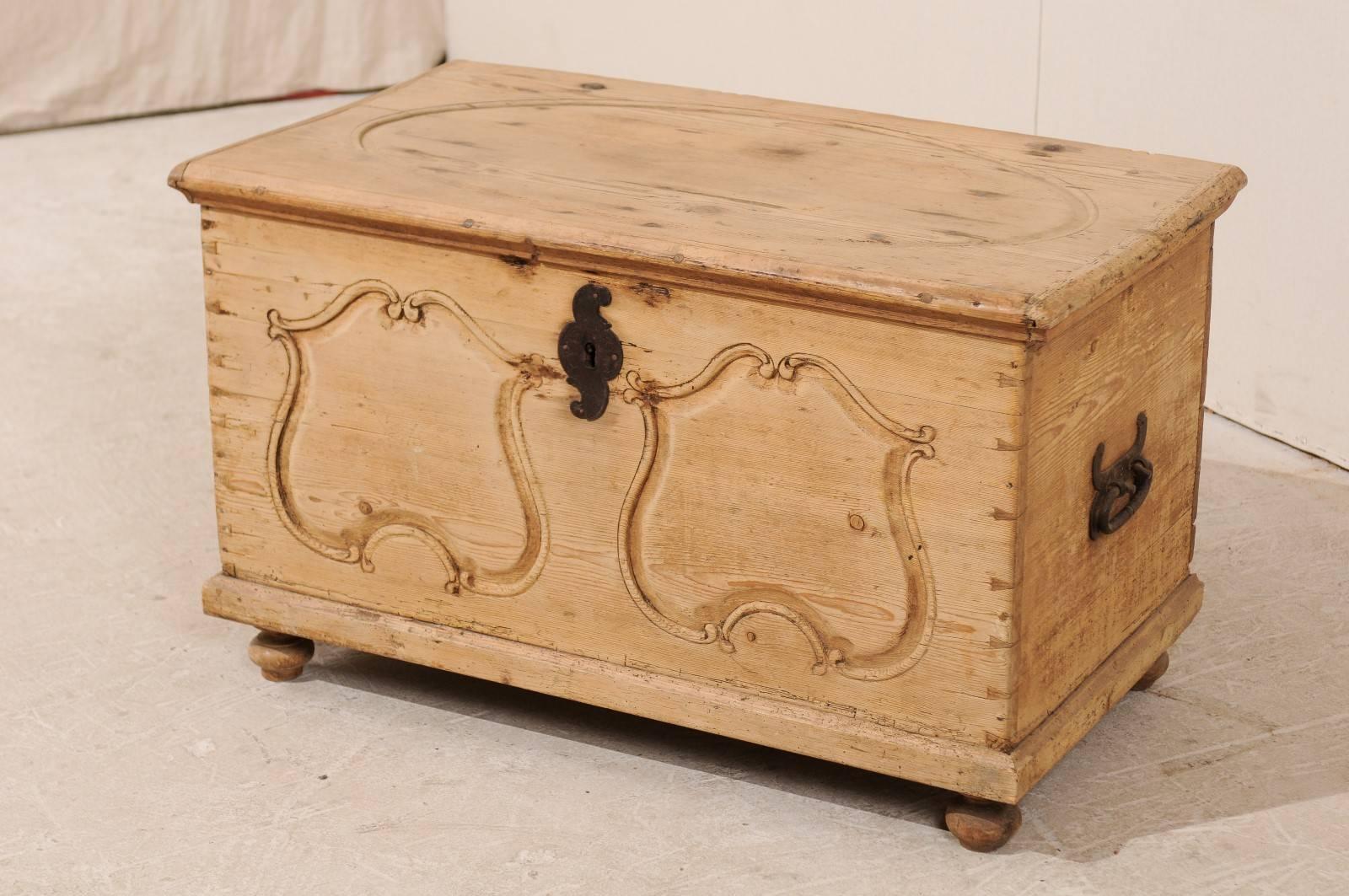Swedish 19th Century Pine Wood Coffer or Trunk with Shield-Like Carvings on the Front