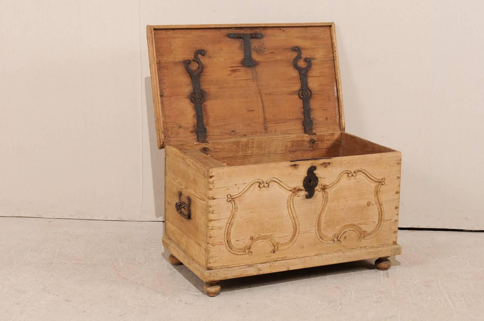 Metal 19th Century Pine Wood Coffer or Trunk with Shield-Like Carvings on the Front