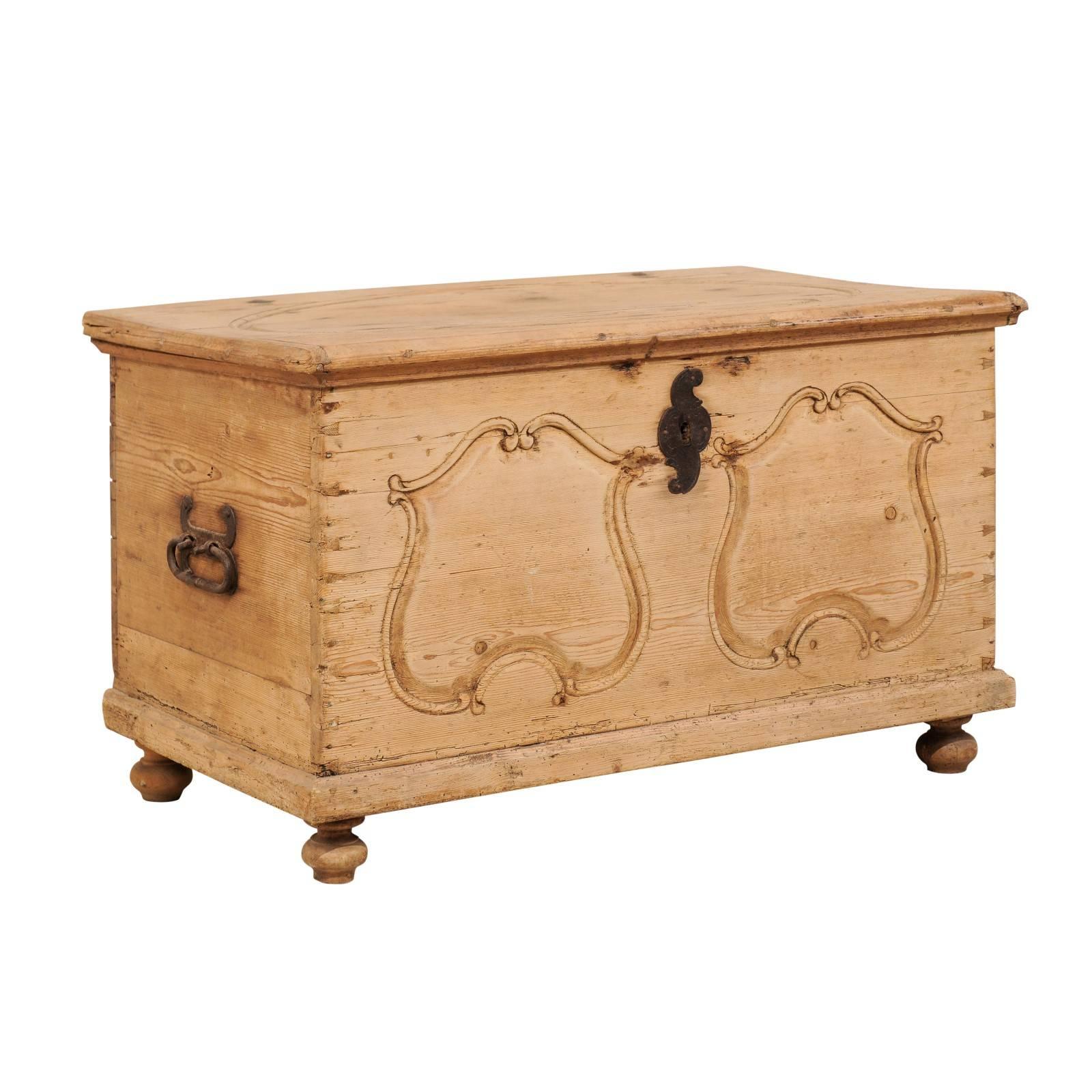 19th Century Pine Wood Coffer or Trunk with Shield-Like Carvings on the Front