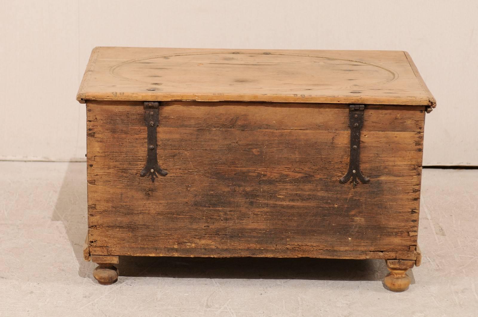 19th Century Pine Wood Coffer or Trunk with Shield-Like Carvings on the Front 1