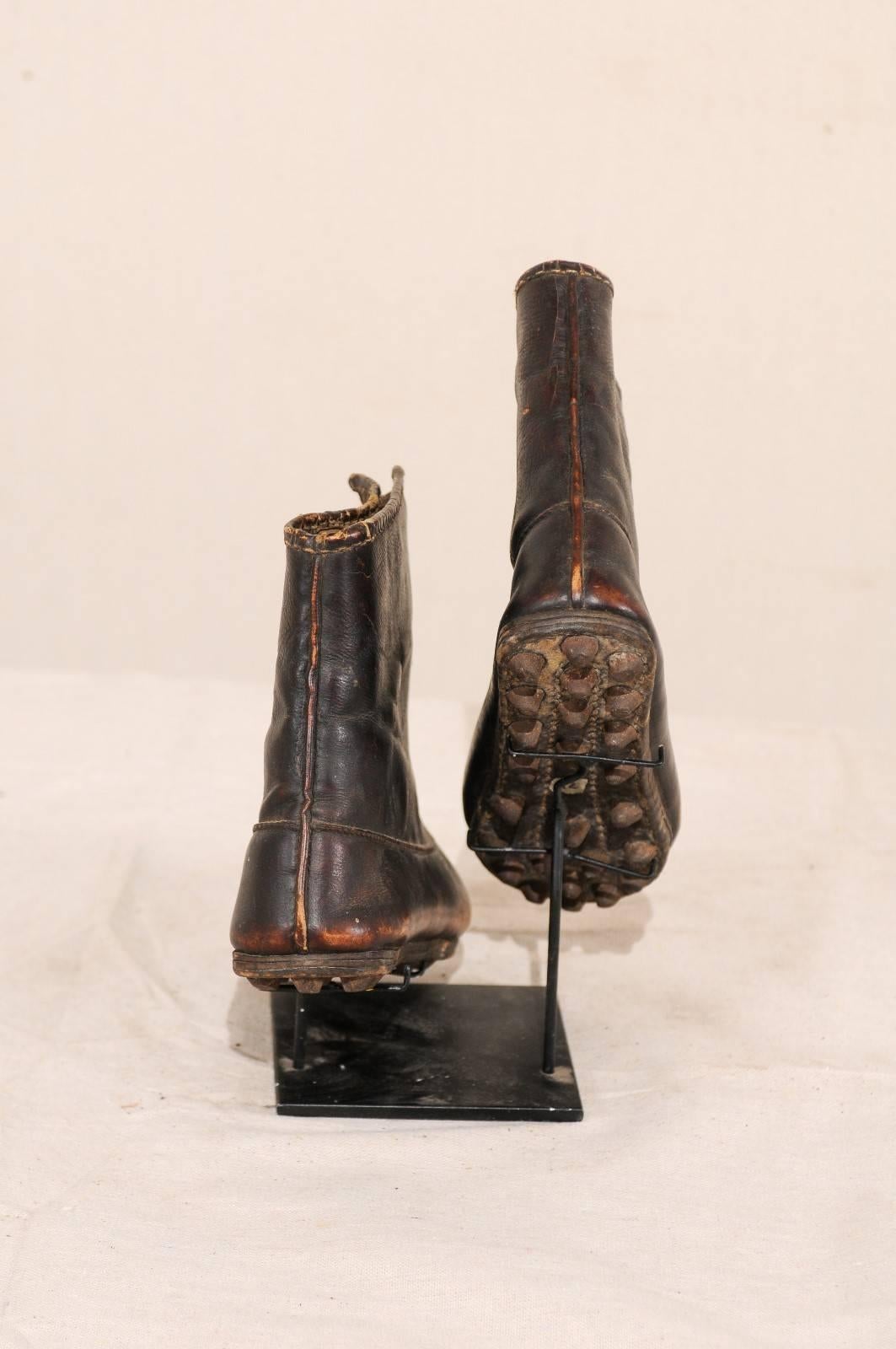 20th Century Pair of Vintage Leather Tribal Chinese Winter Boots on Custom Iron Stand For Sale
