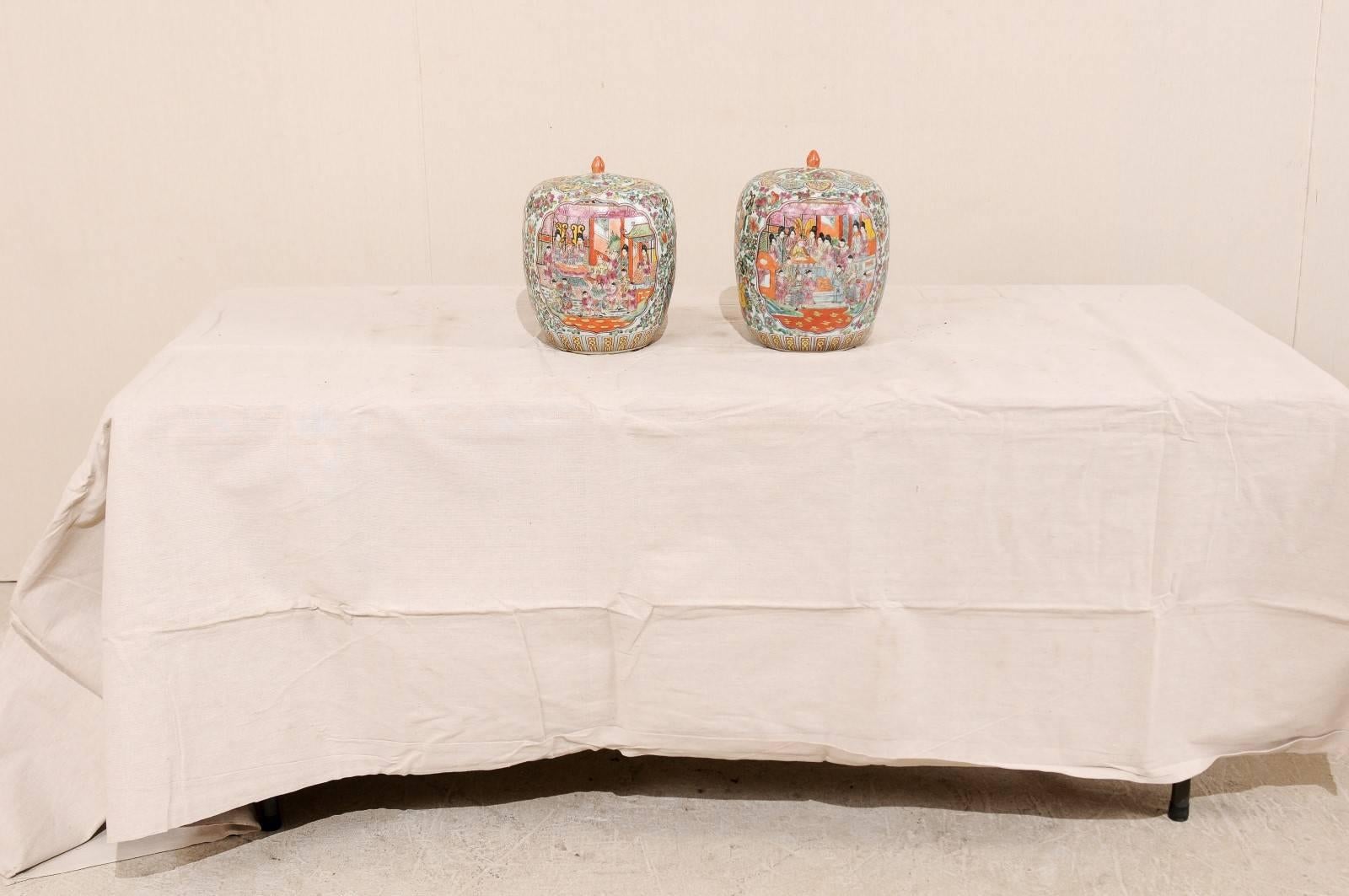 Pair of Painted Porcelain Chinese Famille Rose Jars Featuring a Palace Scene 6