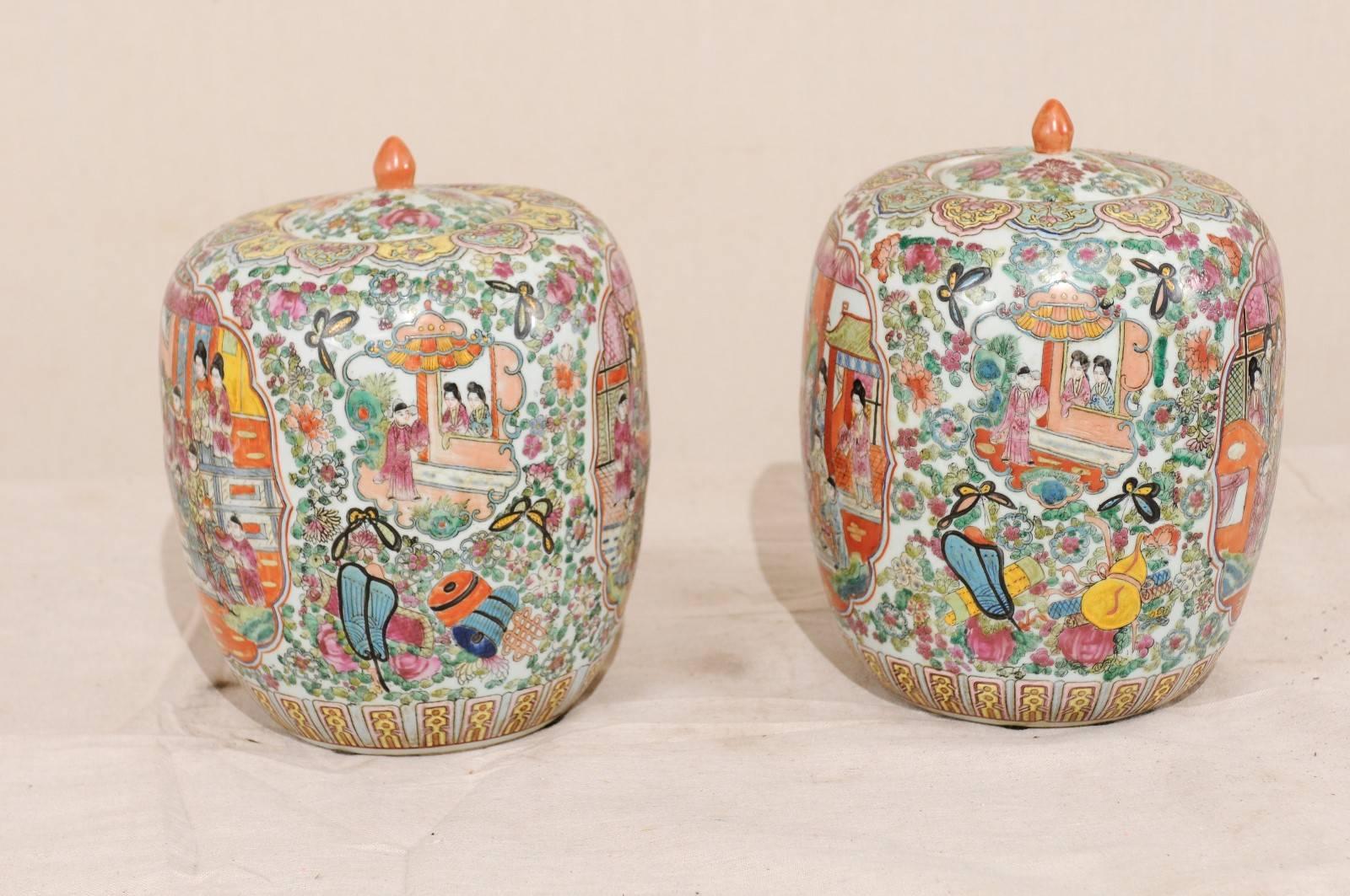 Pair of Painted Porcelain Chinese Famille Rose Jars Featuring a Palace Scene 1
