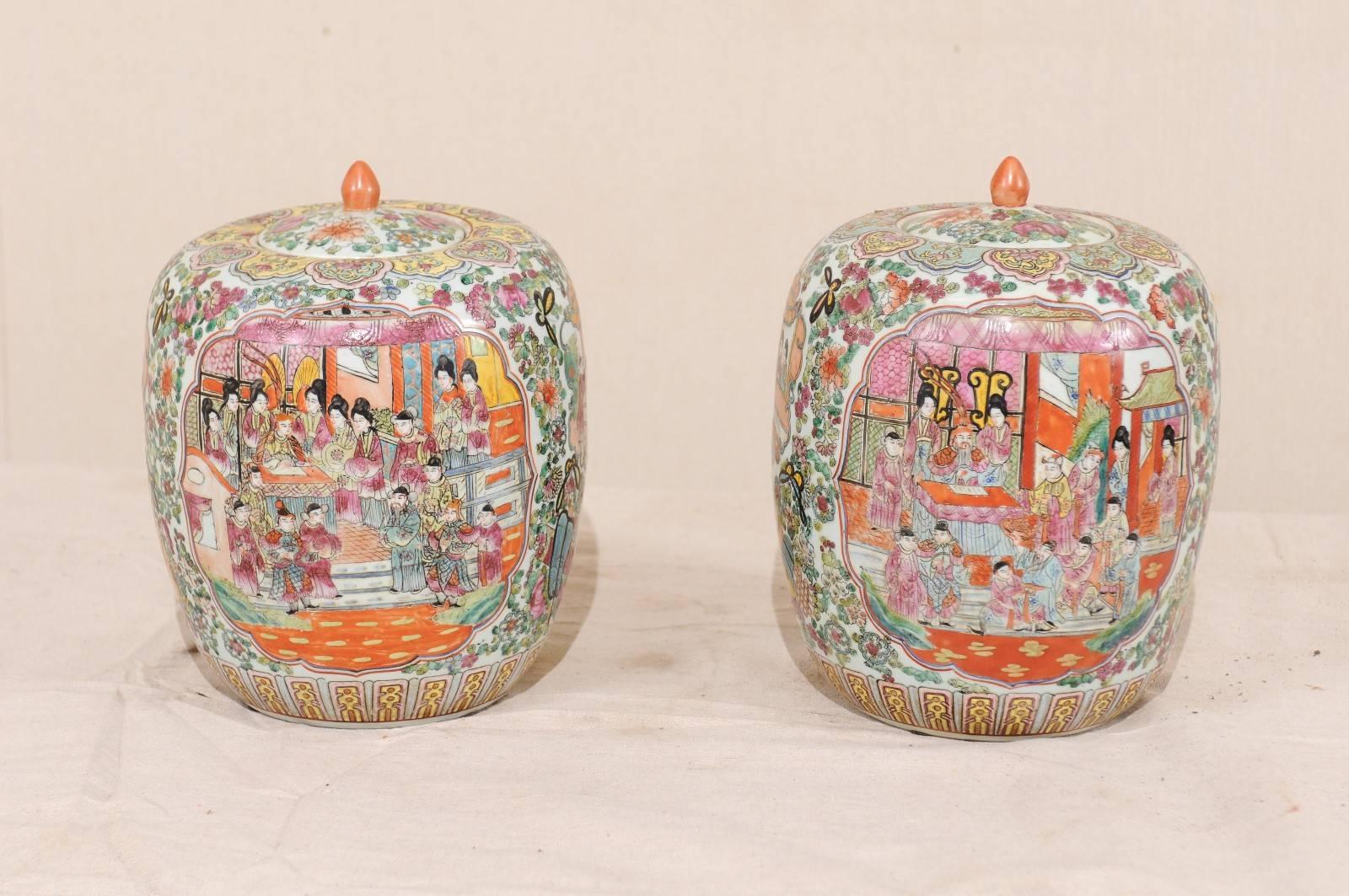 Pair of Painted Porcelain Chinese Famille Rose Jars Featuring a Palace Scene 2