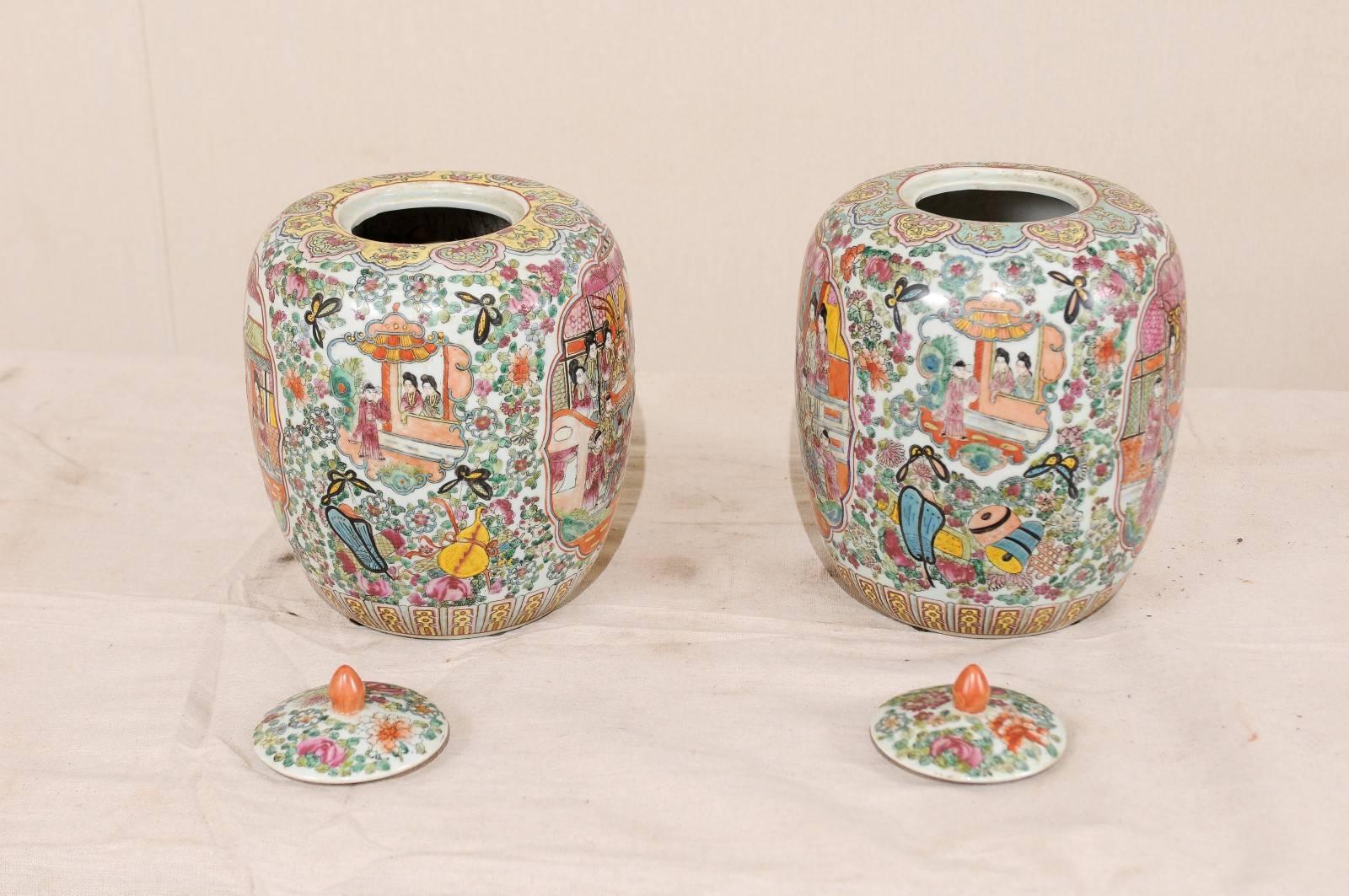 Pair of Painted Porcelain Chinese Famille Rose Jars Featuring a Palace Scene 3