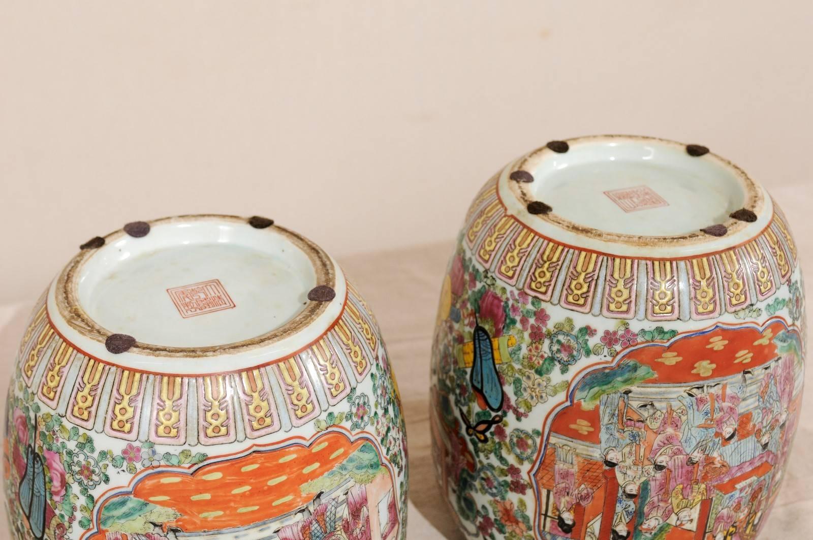 Pair of Painted Porcelain Chinese Famille Rose Jars Featuring a Palace Scene 4