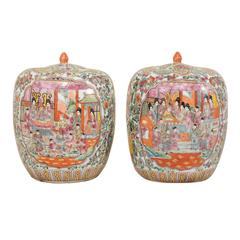 Pair of Painted Porcelain Chinese Famille Rose Jars Featuring a Palace Scene