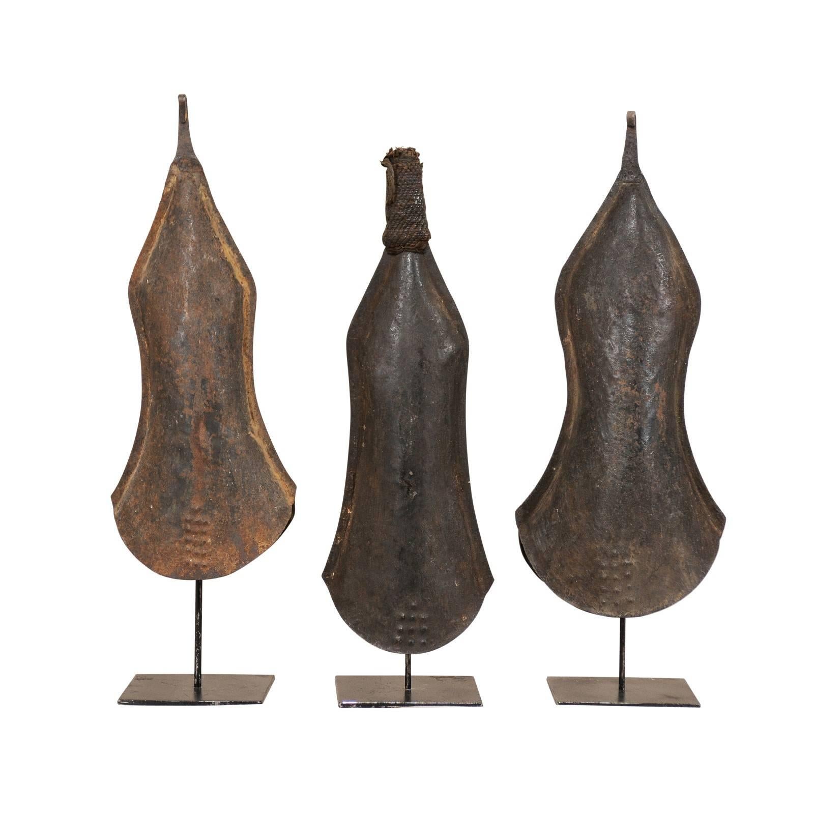 Set of Three African Hand-Forged Iron Bell Currencies on Custom Iron Stands