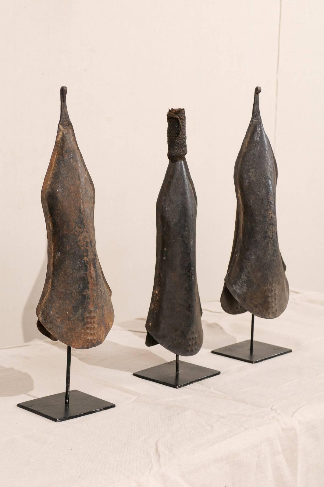 Congolese Set of Three African Hand-Forged Iron Bell Currencies on Custom Iron Stands
