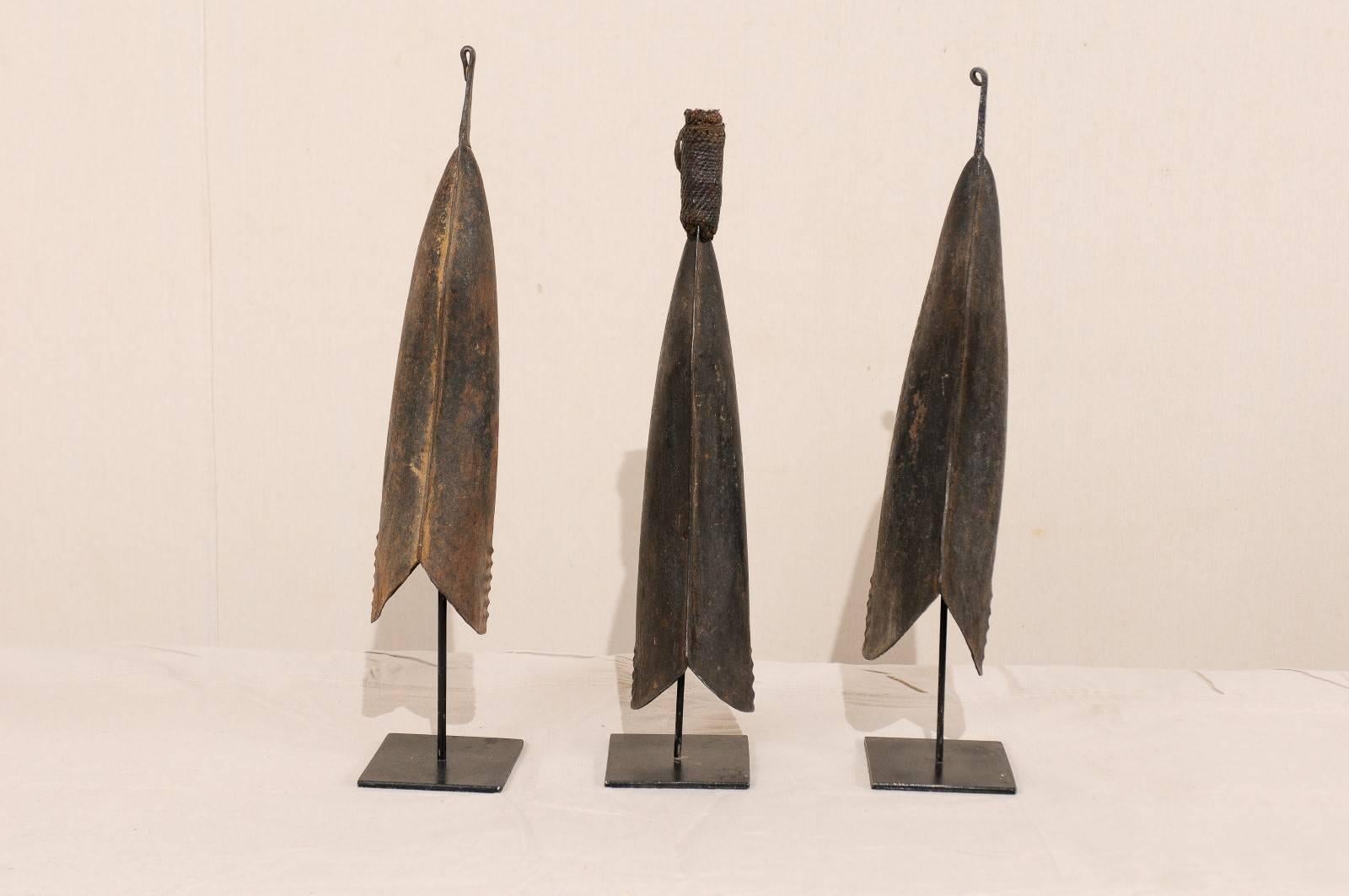 Tribal Set of Three African Hand-Forged Iron Bell Currencies on Custom Iron Stands