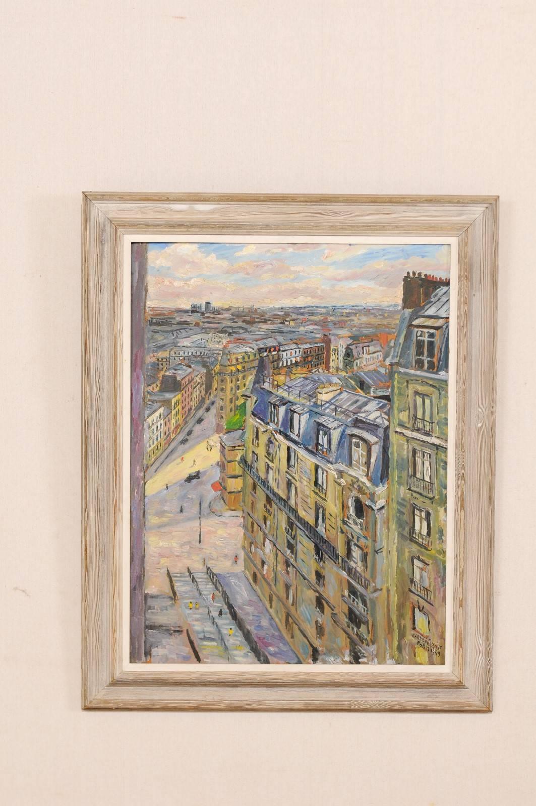 French Charming Parisian Street Mounted in Wood Frame--Oil Painting For Sale