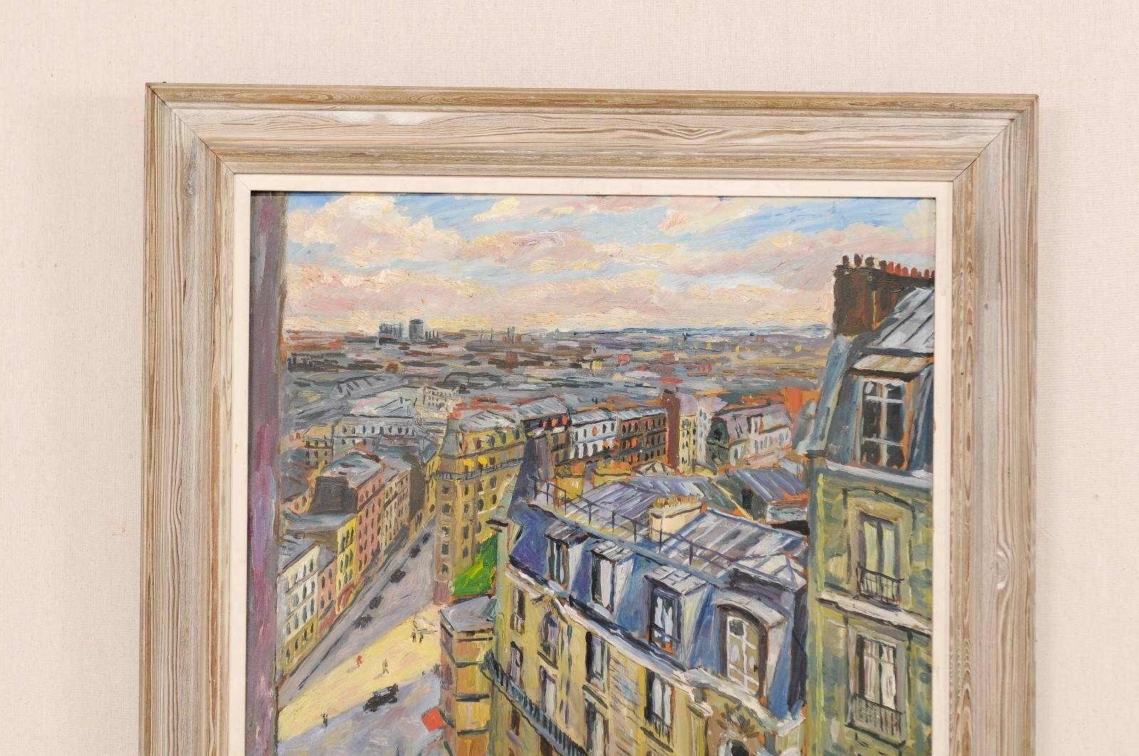 Hand-Painted Charming Parisian Street Mounted in Wood Frame--Oil Painting For Sale