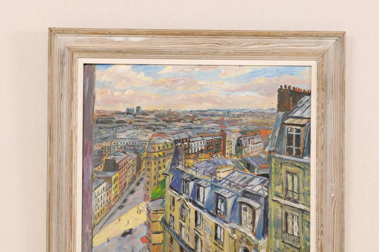 Dipinto a mano Incantevole strada parigina montata in una cornice di Wood - Pittura ad olio in vendita