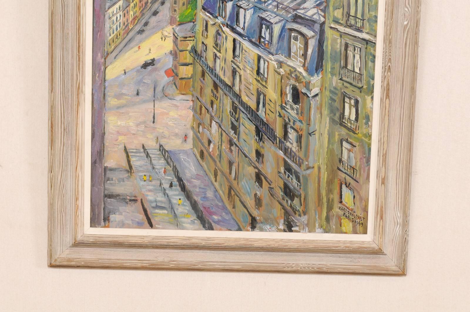 Canvas Charming Parisian Street Mounted in Wood Frame--Oil Painting For Sale
