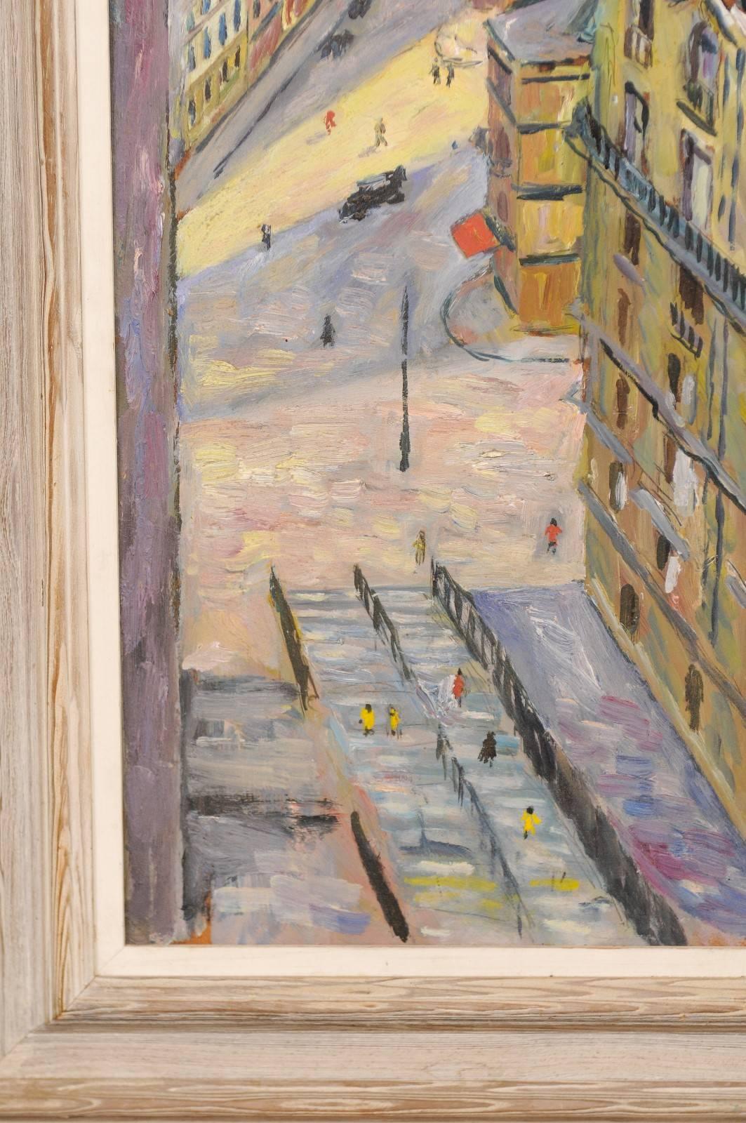 Incantevole strada parigina montata in una cornice di Wood - Pittura ad olio in vendita 1