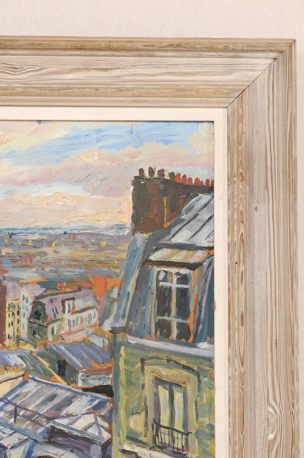 20th Century Charming Parisian Street Mounted in Wood Frame--Oil Painting For Sale