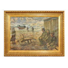 Mid-Century Oil Painting of Fishermen by the Sea in a Gold Colored Wood Frame