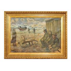 Mid-Century Oil Painting of Fishermen by the Sea in a Gold Colored Wood Frame 8
