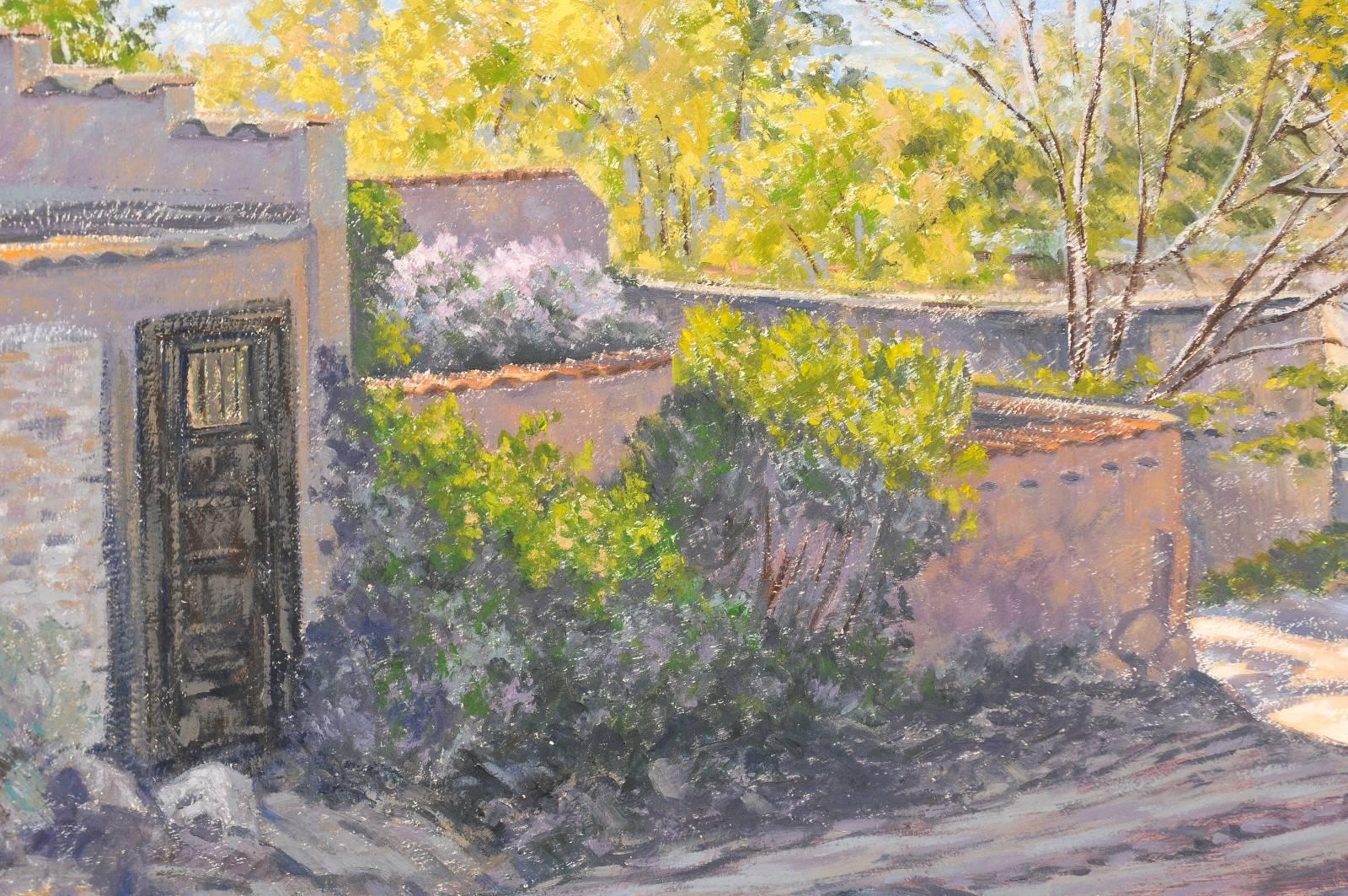 Home and Landscape, gerahmtes Ölgemälde von Santa Fe, New Mexico, mittelgroß (Geschnitzt) im Angebot