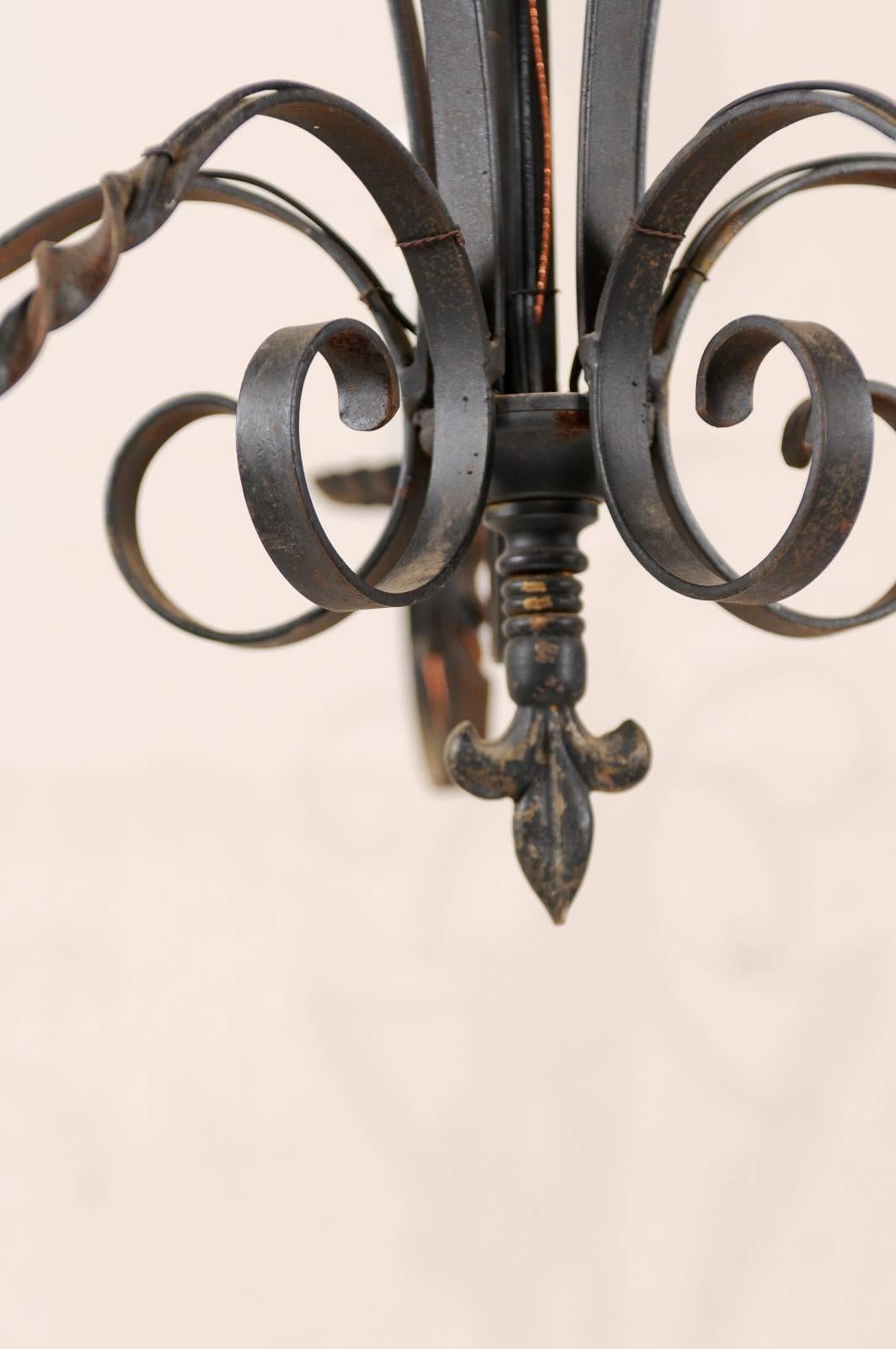 20th Century French Five-Light Iron Chandelier with Twisted / Scrolled Arms and Fleur De Lis For Sale