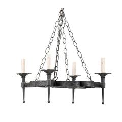 French Forged Iron Four Light Chandelier with Oblong Shape and Dark Color