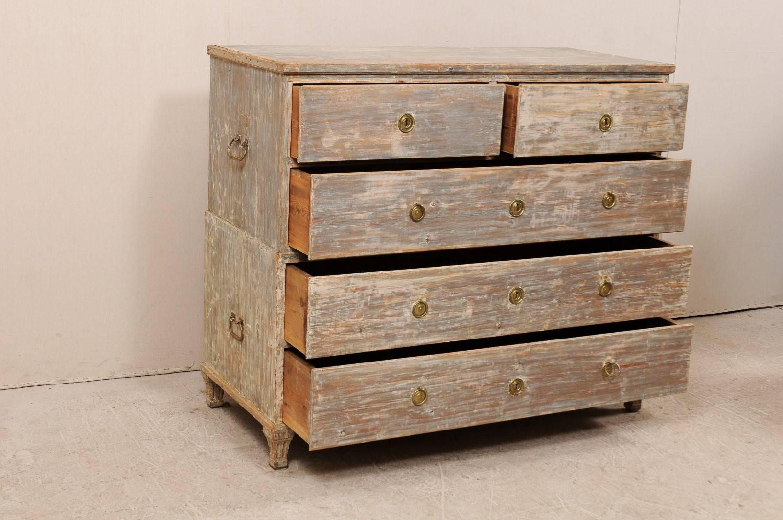 Brass Swedish Late 18th Century Five-Drawer Wood Chest with Scraped Paint