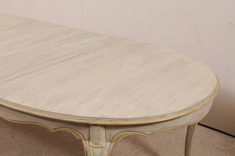 Lovely Painted Wood Neutral Oval Dining Table with Carved and Outlined