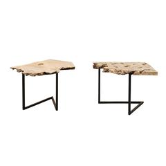 Pair of European Contemporary Style Custom Burl Top Iron Side Drink Tables 3