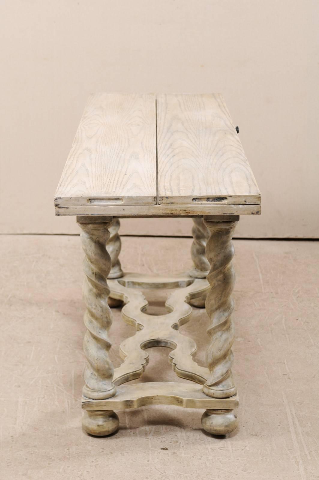 Carved Vintage Convertible Painted Wood Console Table in Light Wash with Twist Legs