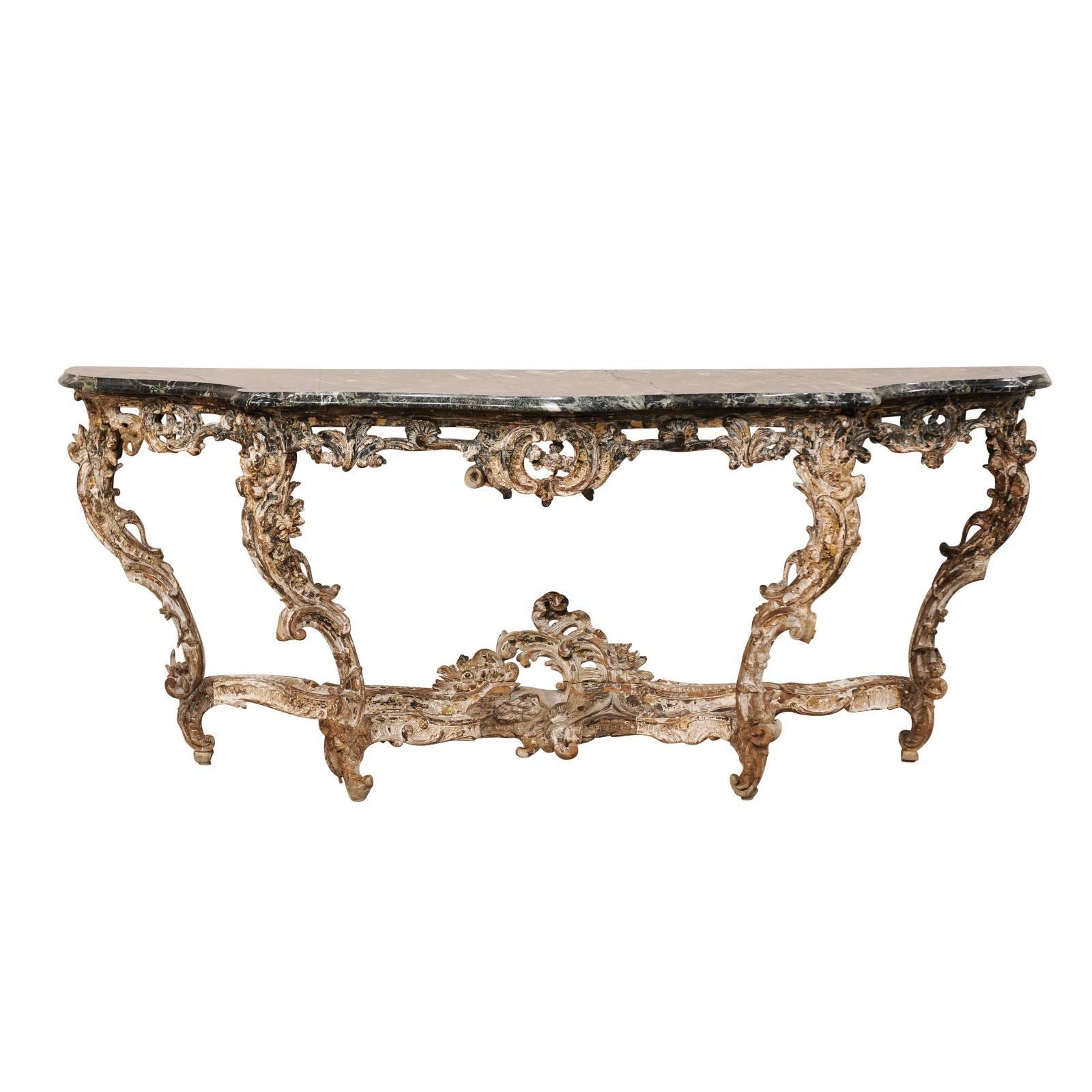 French 18th Century Rococo Period Richly Carved Wood and Marble Console Table