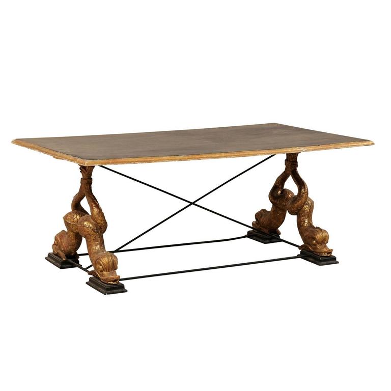 Italian Mid-Century Coffee Table with Carved Mythological Creature Fish ...