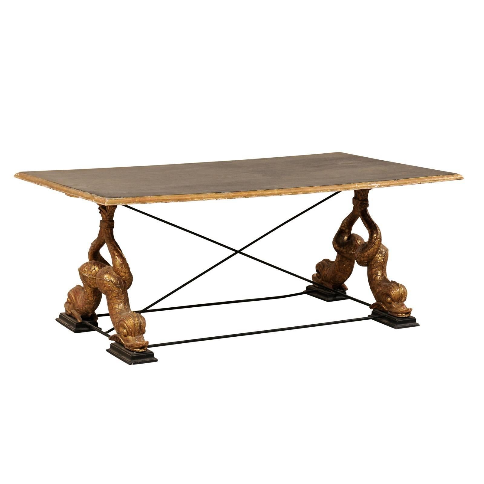 Italian Mid-Century Coffee Table with Carved Mythological Creature Fish Legs