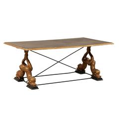 Italian Mid-Century Coffee Table with Carved Mythological Creature Fish Legs