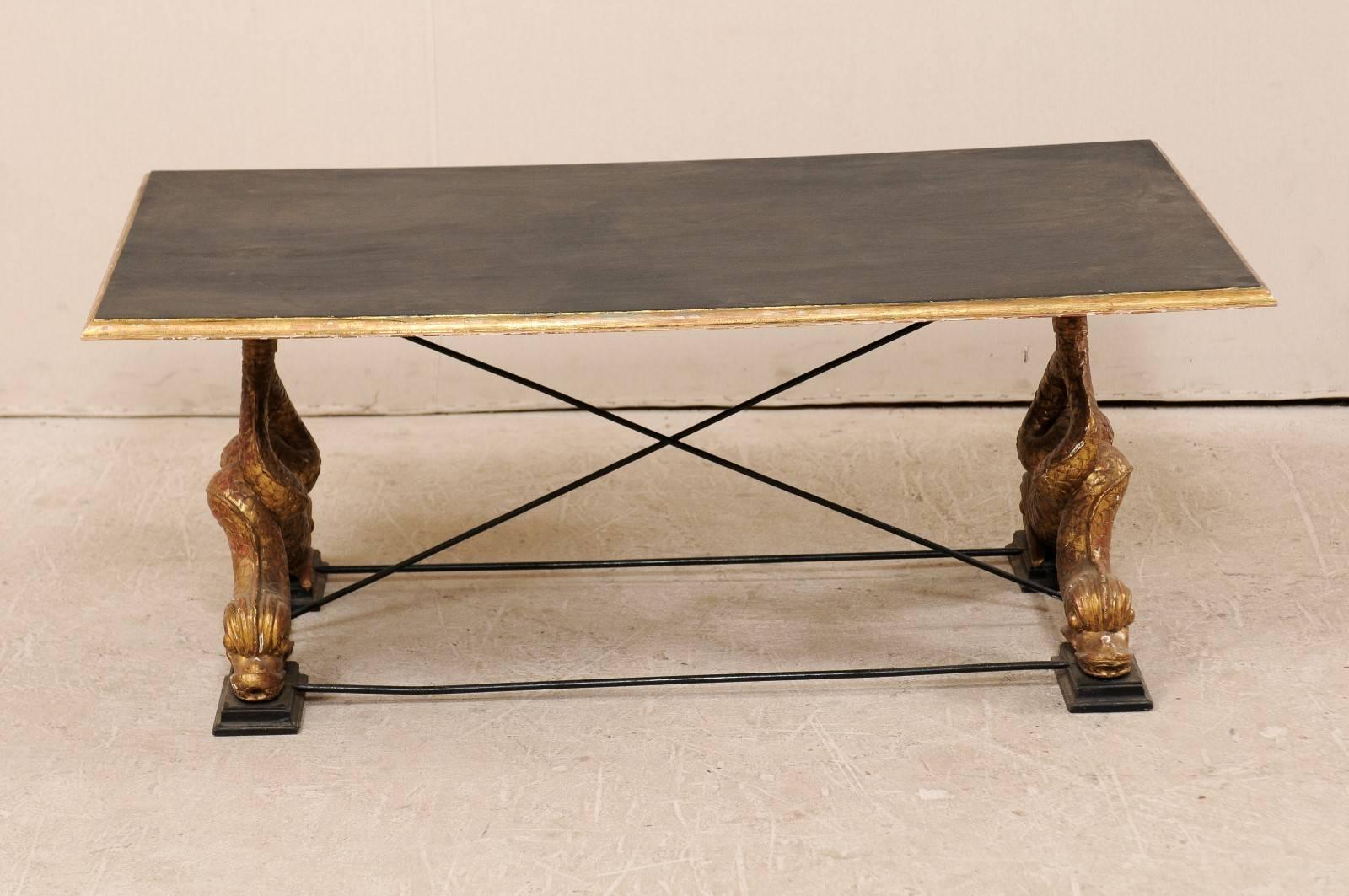 20th Century Italian Mid-Century Coffee Table with Carved Mythological Creature Fish Legs