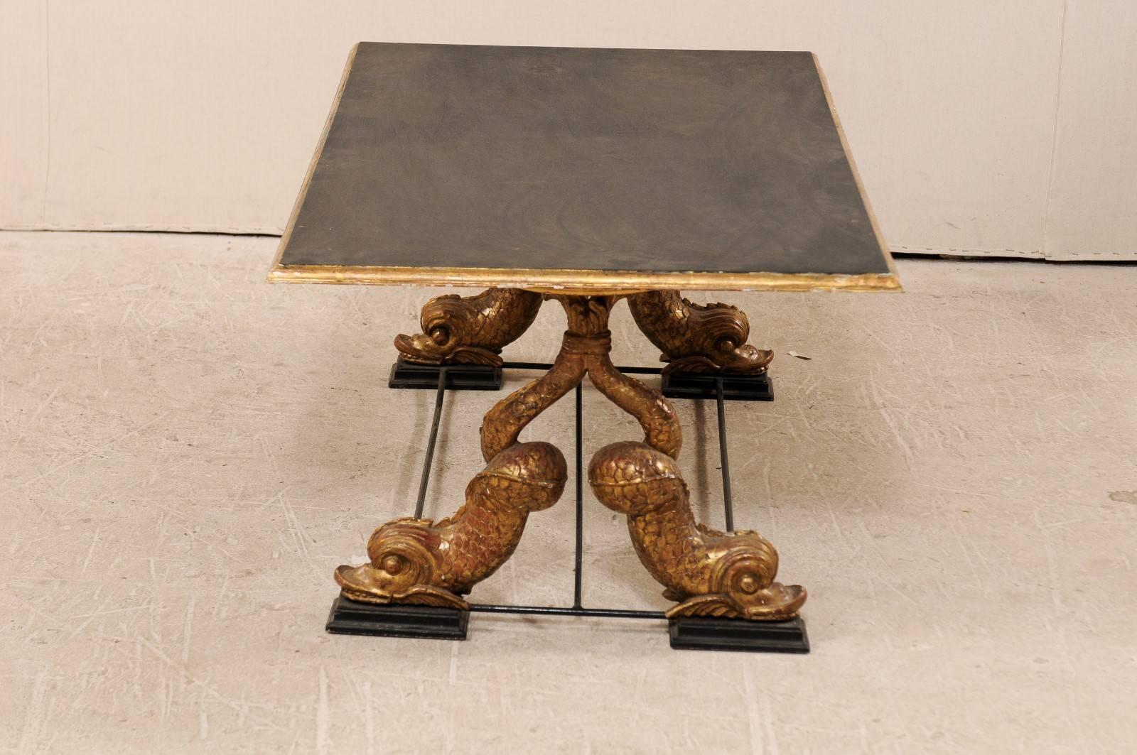 Metal Italian Mid-Century Coffee Table with Carved Mythological Creature Fish Legs