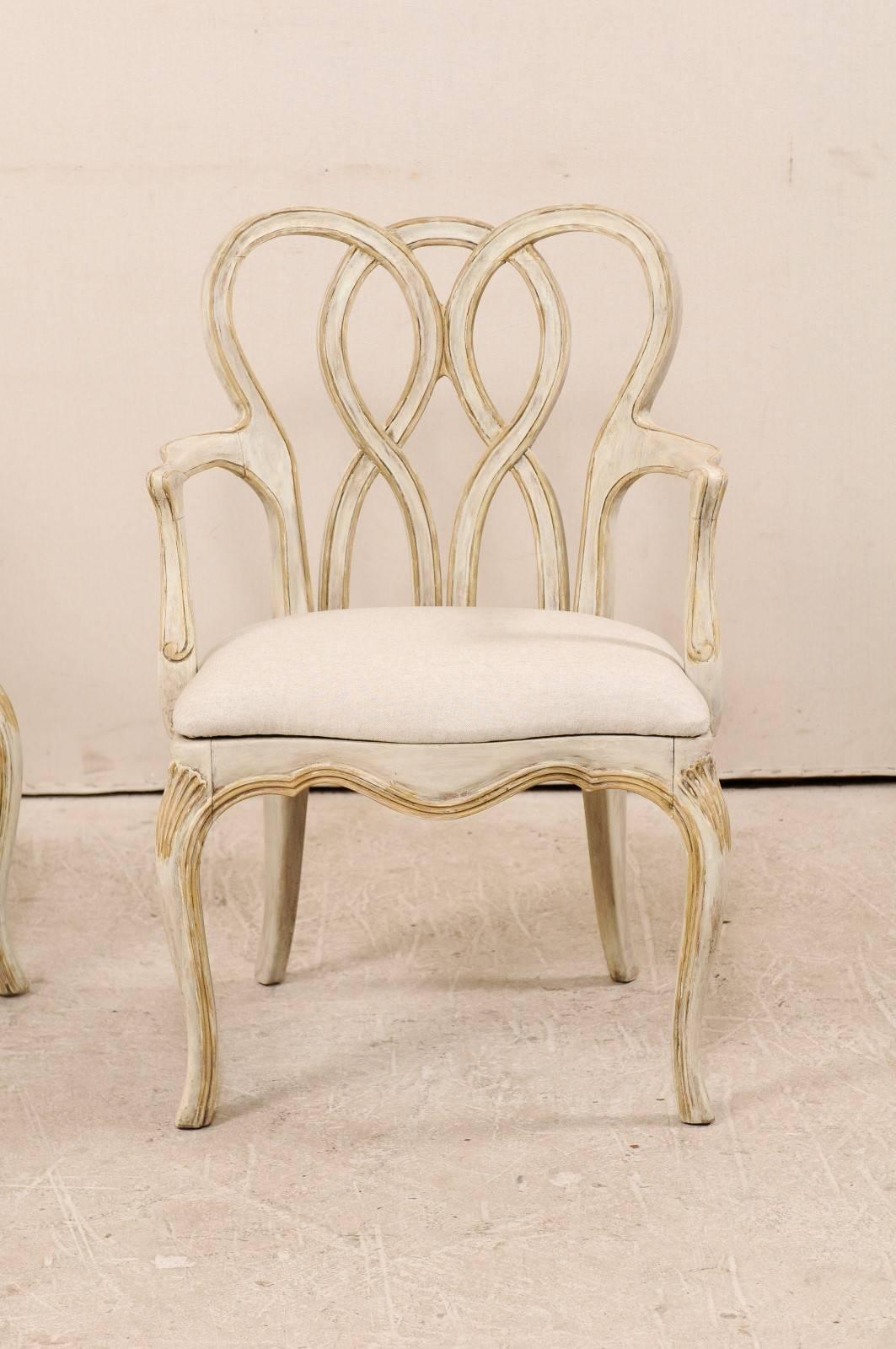 Carved Pair of Venetian Style Painted Wood Armchairs with Intertwined Back-Splats