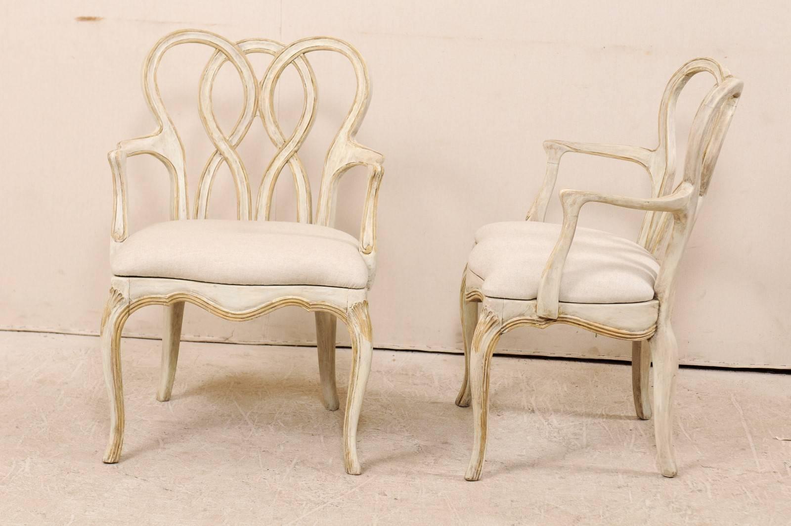 Linen Pair of Venetian Style Painted Wood Armchairs with Intertwined Back-Splats