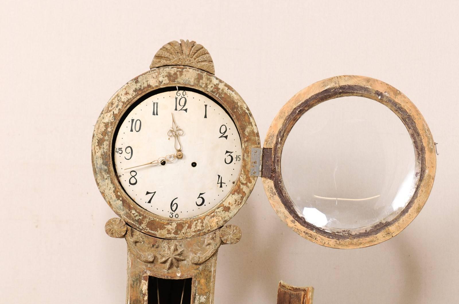 Swedish, 19th Century Painted/Scraped Wood Fryksdahl Floor Longcase Clock In Good Condition In Atlanta, GA