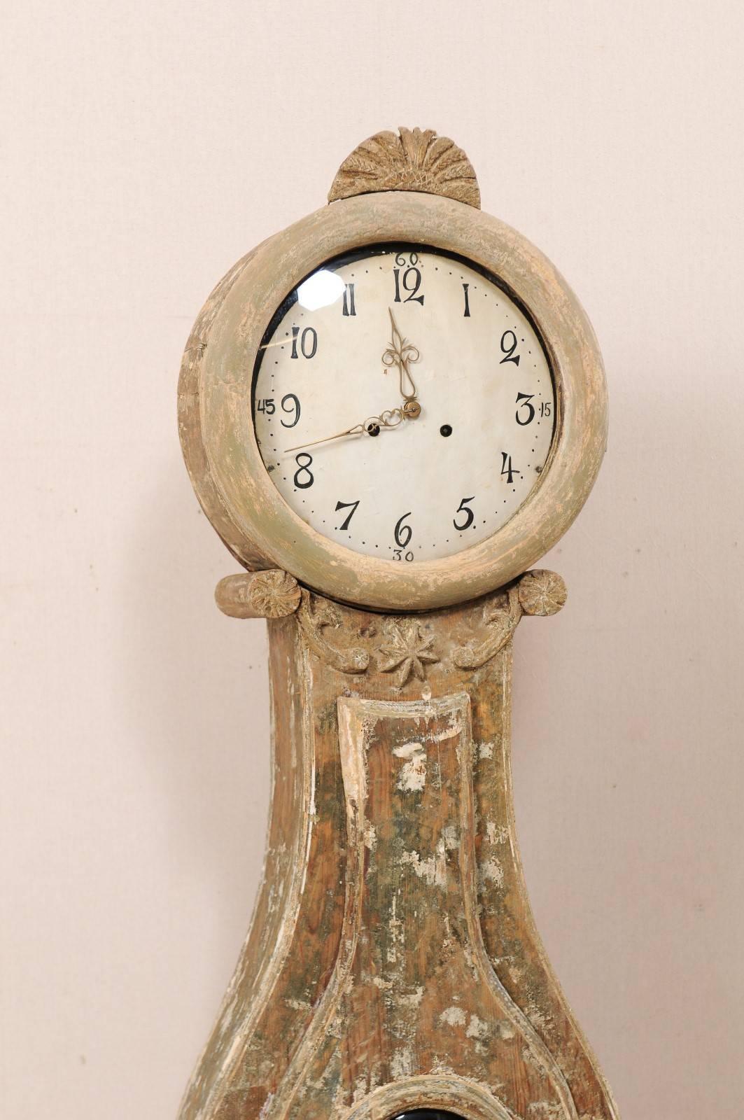 Carved Swedish, 19th Century Painted/Scraped Wood Fryksdahl Floor Longcase Clock