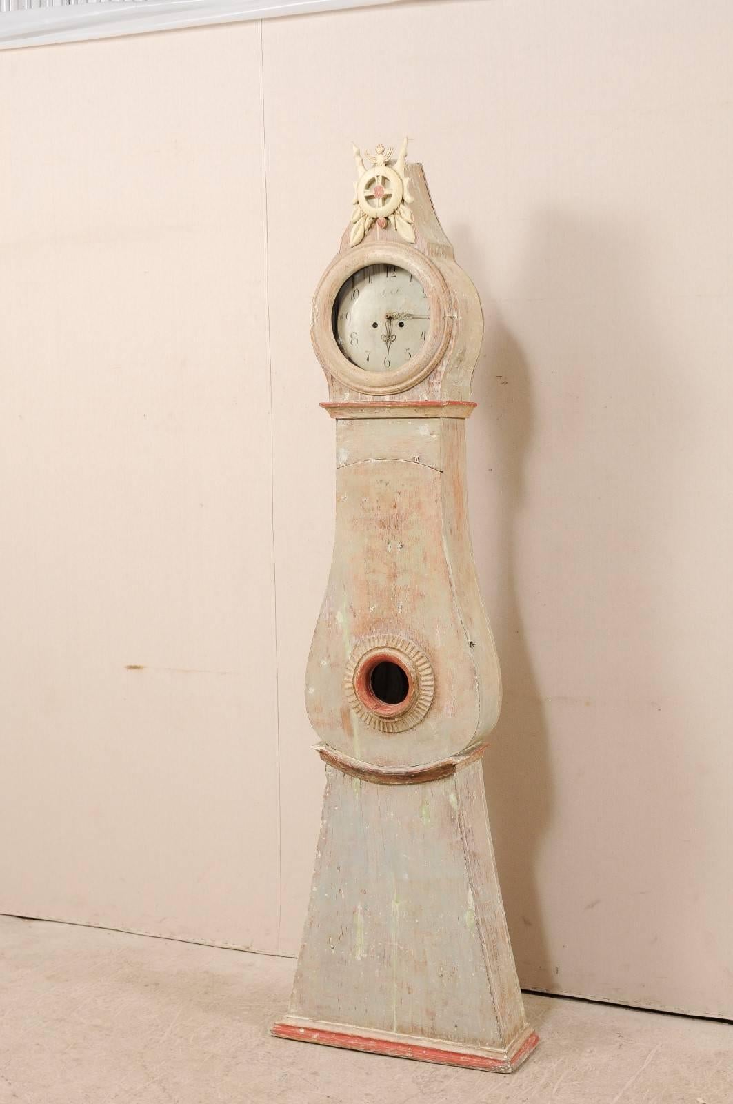Swedish 19th Century Painted Wood Carved Floor / Longcase Clock with Tall Crest 3