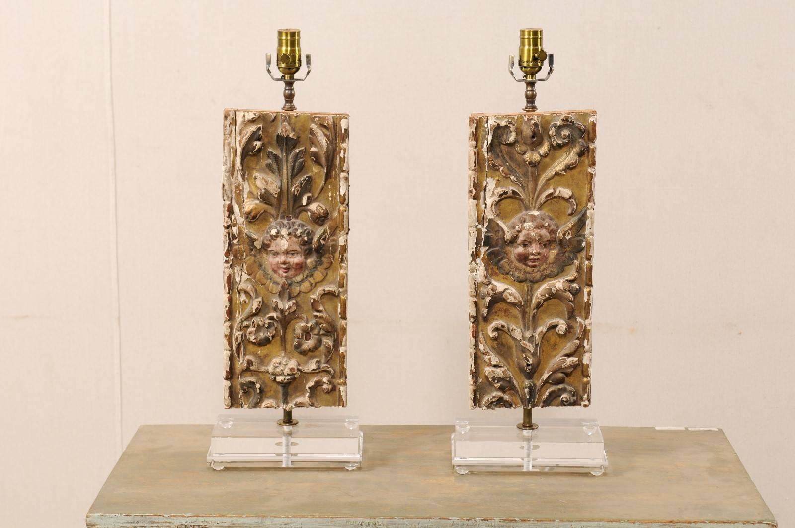 French Pair of Italian 18th Century Gilded and Carved Wood Fragment Table Lamps